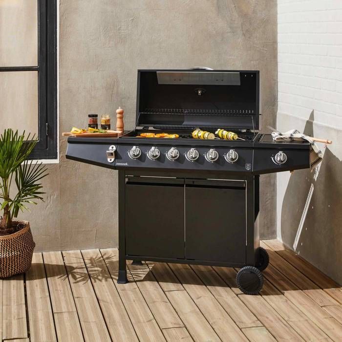 Treville gas barbecue - 7 burners including 1 black side burner, with thermometer