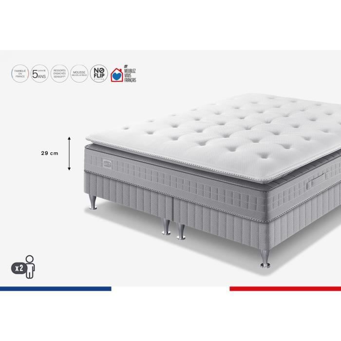Conjunto de colchón y base de cama de 160 x 200 cm (2 bases de 80 cm) SIMMONS, 29 cm de altura - Muelles ensacados Sensoft - Fabricado en Francia - SW5