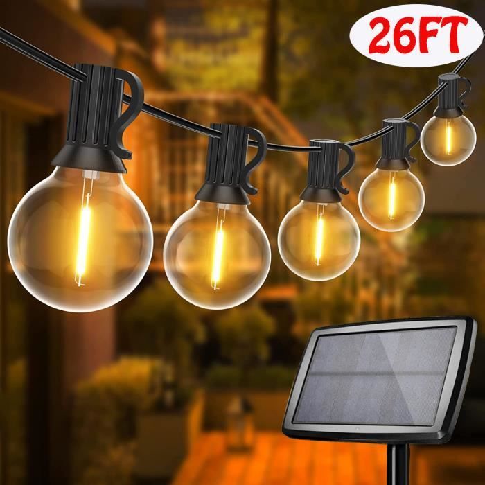 Guirlande Guinguette Extérieure Solaire 26FT Guirlande Lumineuse vec25+1 LED G40 Ampoules, 4 Modes d'éclairage,Solaire/USB