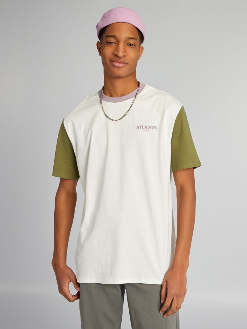 Farbblock-Baumwoll-T-Shirt mit Rundhalsausschnitt für Personen über 190 cm – grün