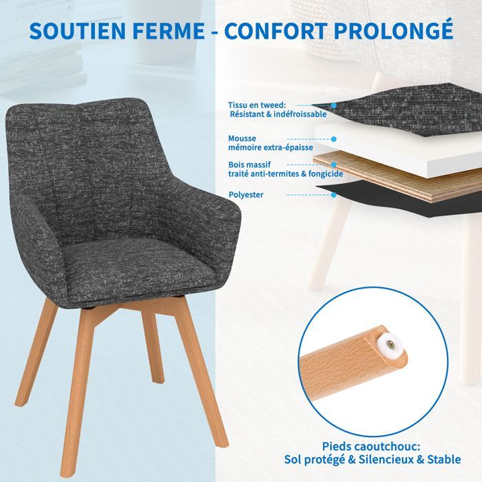 WAFTING Lot de 4 chaises pivotantes 360°,accoudoirs et pieds bois, dossier haut avec coussin en molleton. Gris Foncé.