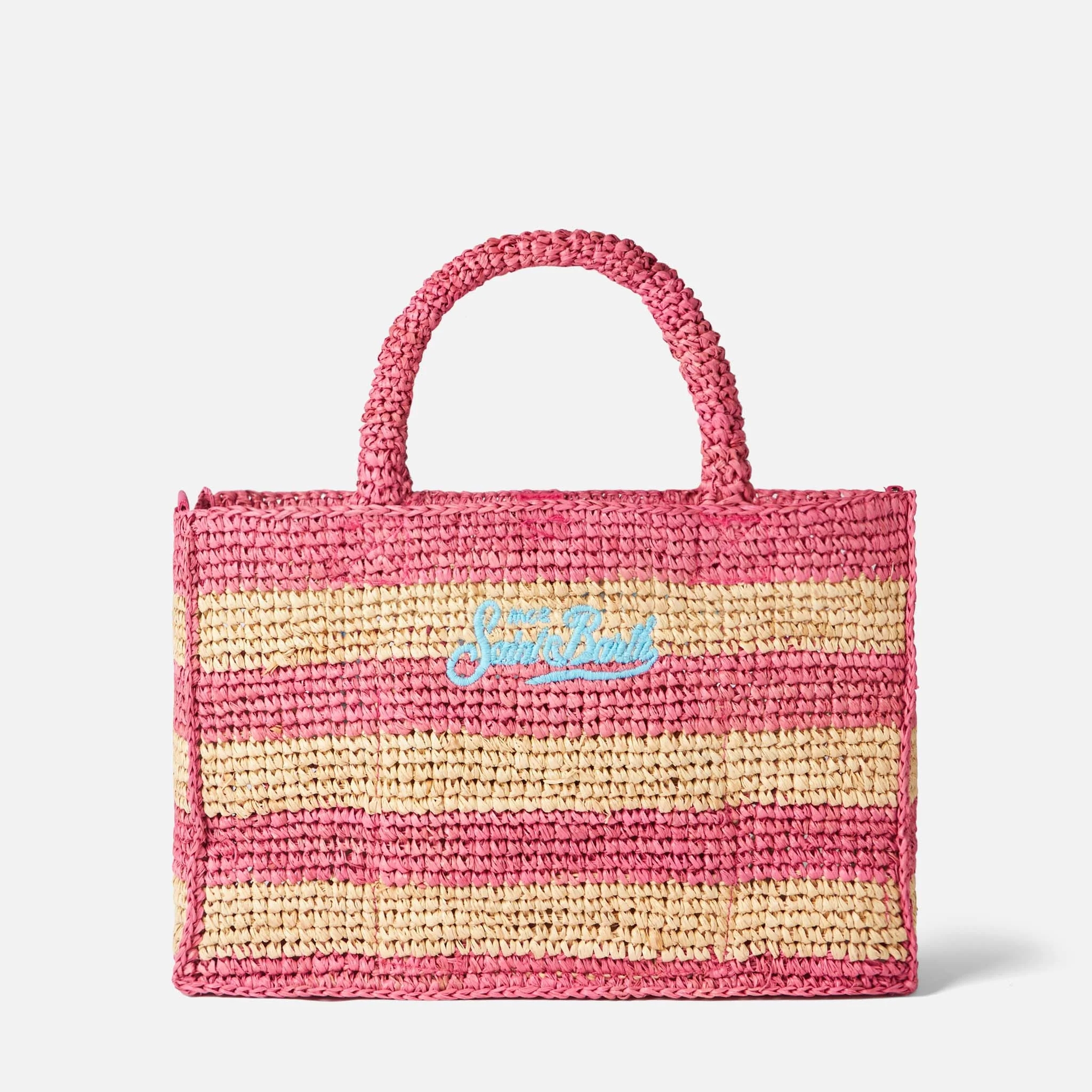 Roze en wit gestreepte raffia Colette tas