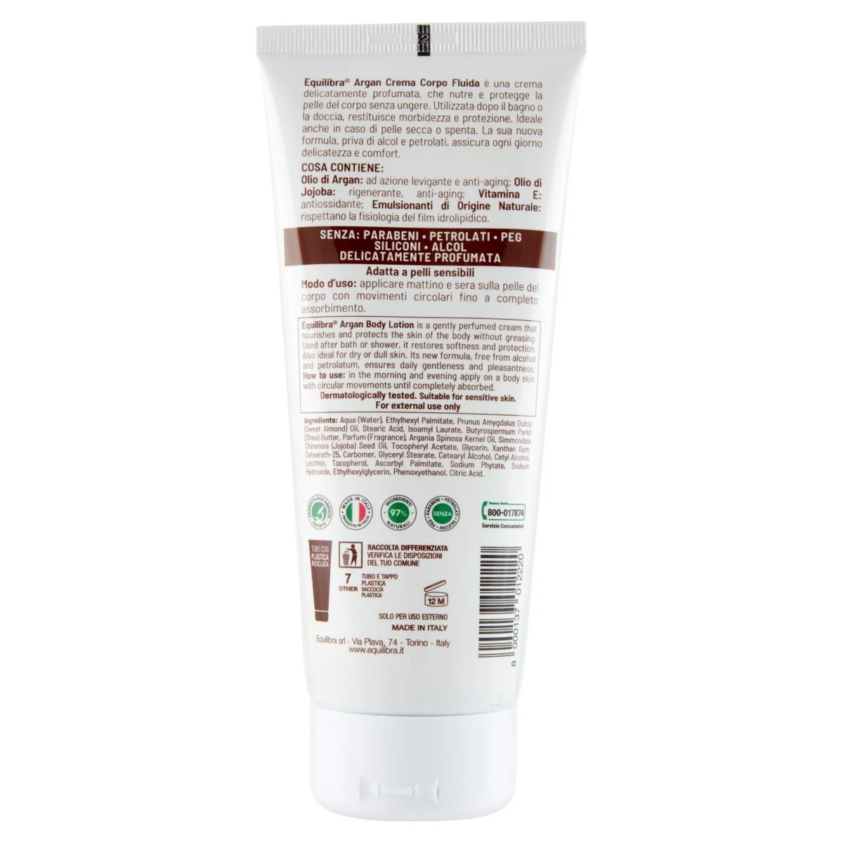 Equilibra Argan Body Cream 200 ml maakt de huid zacht.