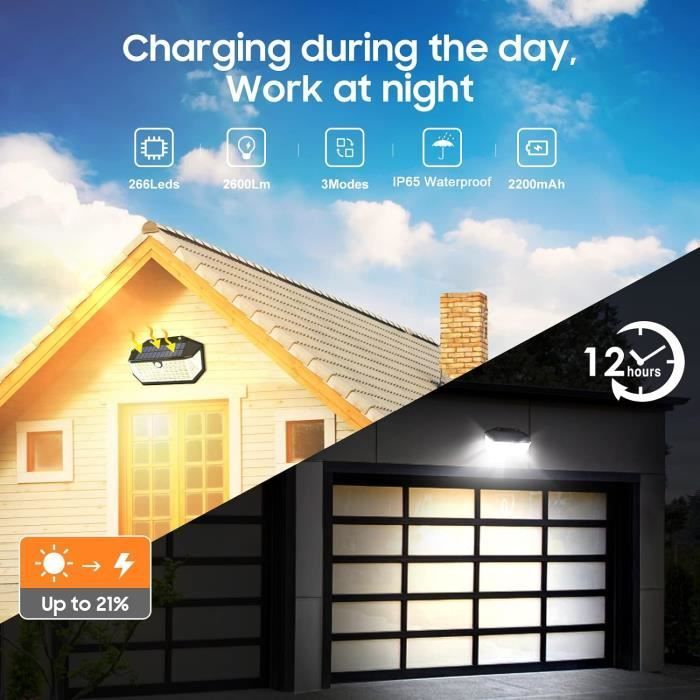 Lámpara solar exterior de 266 LED, 2600 lúmenes con sensor de movimiento y 3 modos de iluminación.