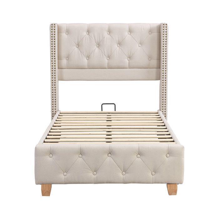 Cama individual tapizada - TKOPY - Cama infantil de 90x200 cm, cama juvenil con somier de láminas, lino beige