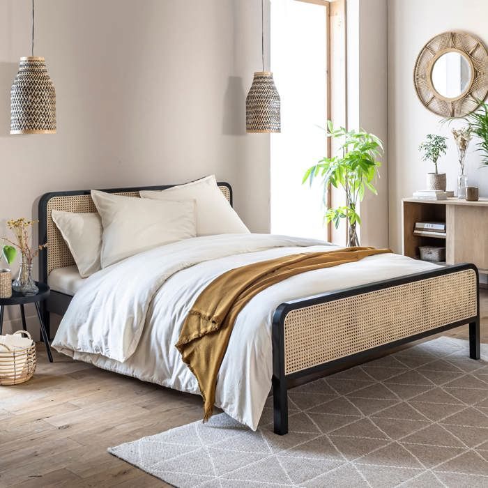 ANNA 160x200 Massief zwart grenenhouten volwassenenbed met echt rieten frame - LT17018 - Zwart - Terre de Nuit