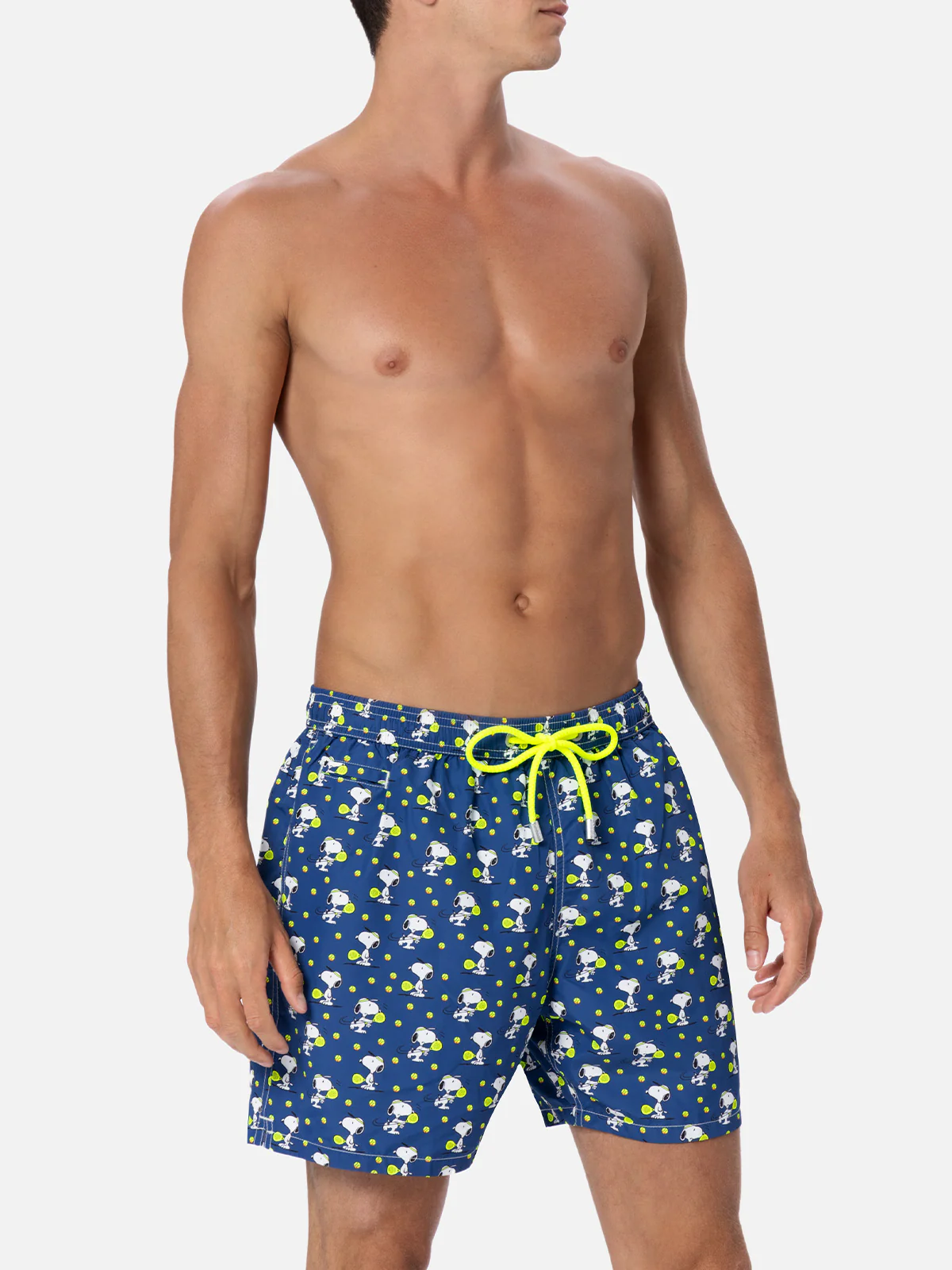 Man Lighting Mid-Length Swim Shorts with Snoopy Padel Print | Quick-Drying, Sustainable Swimwear | MC2 Saint Barth | SNOOPY PEANUTS™ SPECIAL EDITION