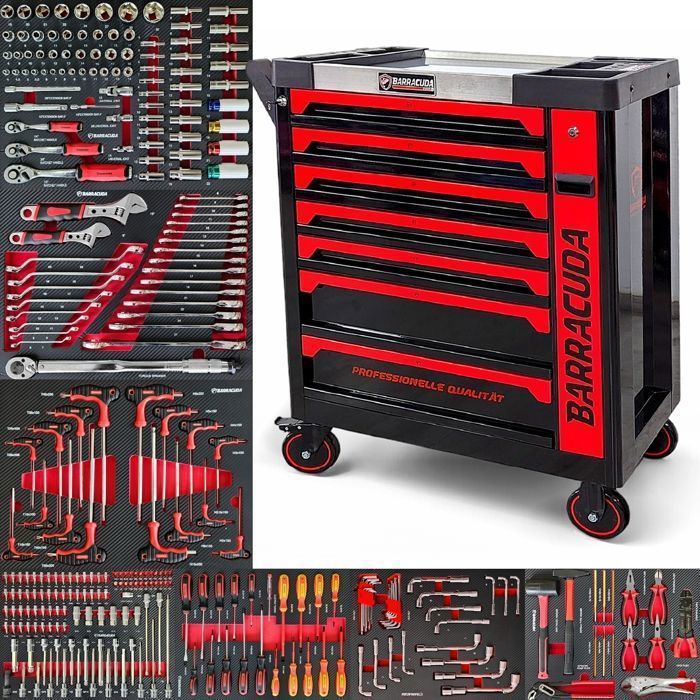 Carro de taller - BARRACUDA TOOLS - CUDA Max XXL - 8 cajones - 267 herramientas - Rojo y negro