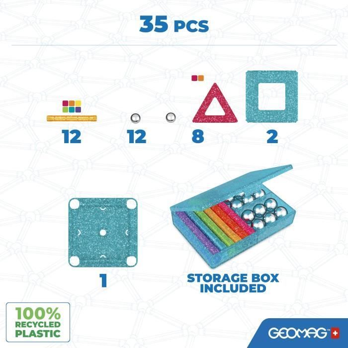 Construction set - GEOMAG - Glitter Panels - 35 pieces - Magnetic - Recycled plastic