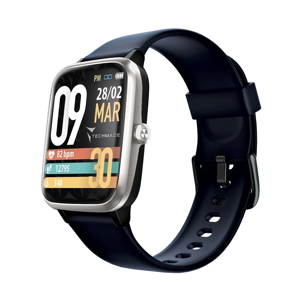 De Techmade Move smartwatch in donkerblauw en zilver, die je altijd bij je kunt dragen.