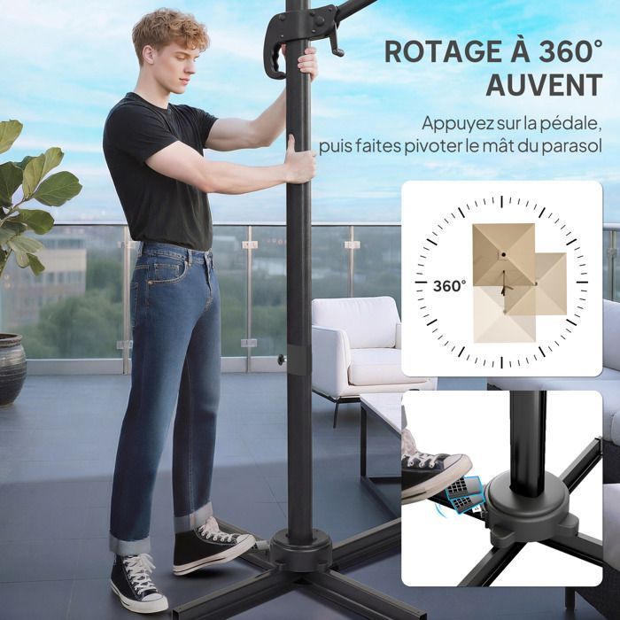 Parasol déporté - Outsunny - rotation 360°, inclinable 5 positions, base en croix - mât en aluminium - polyester - 3 x 3 m - kaki