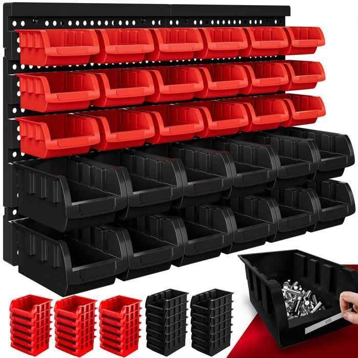 Estantería de herramientas de pared DEUBA® con 30 cajas de almacenamiento apilables y 2 paneles de pared extensibles para almacenamiento en el taller.