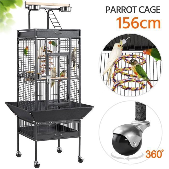 Jaula grande para pájaros con soporte - 65,5 x 65,5 x 155,7 cm - Metal con ruedas giratorias de 360°, para canarios/periquitos - Techo abatible - Color negro - YAHEETECH