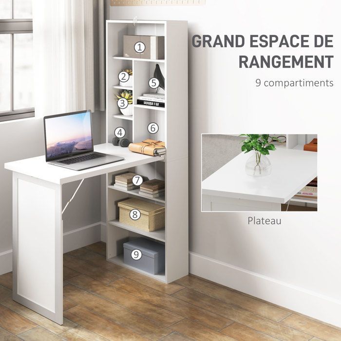 Bureau avec rangement - HOMCOM - pliable - bibliothèque poste de travail tableau blanc étagère réglable - MDF - 98x51x153cm - blanc