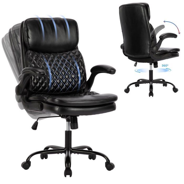 Silla de oficina ergonómica de cuero con altura ajustable, respaldo reclinable y cómodos reposabrazos (negra).
