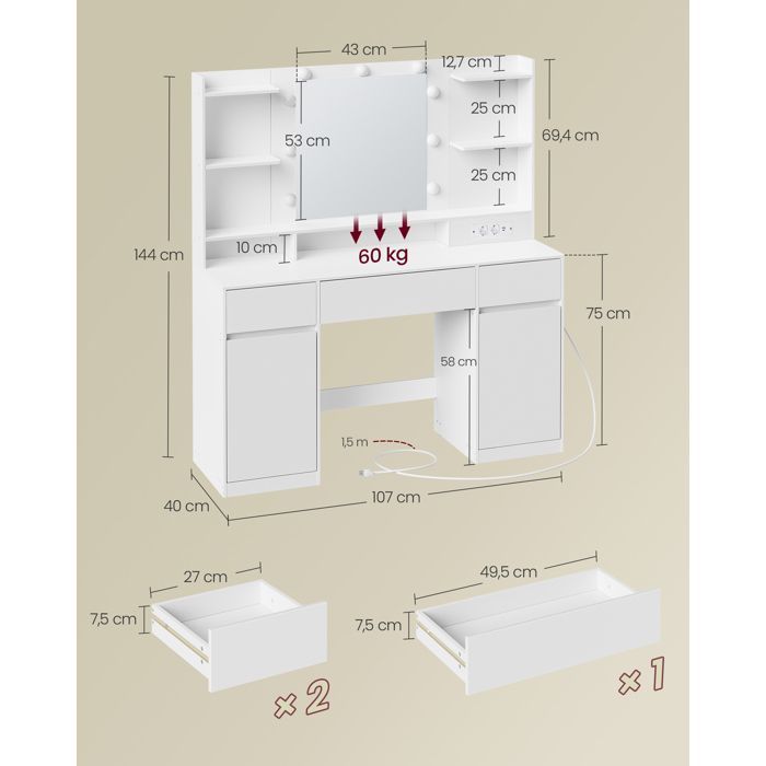 Dressing table with LED mirror - VASAGLE - 3-color lighting - 9 bulbs - Integrated power strip - 2 cupboards - 3 drawers
