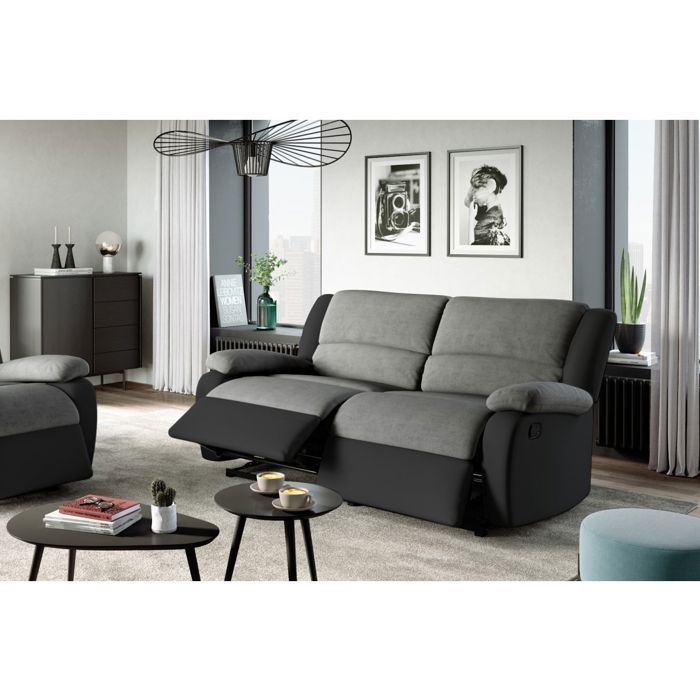Sofá LEO de 3 plazas reclinable manualmente con 2 asientos extragrandes en microfibra y piel sintética - Negro/Gris - 193 x 93 x 96 cm - LOUNGITUDE