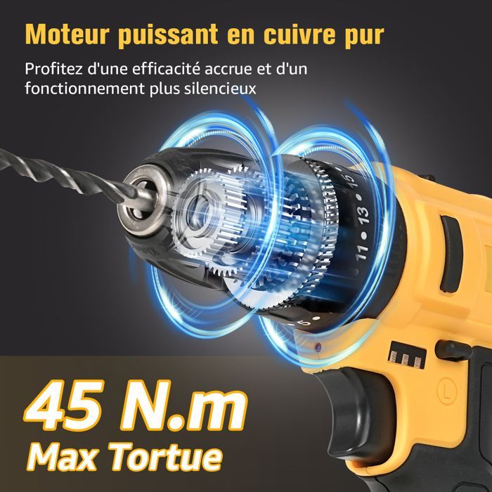 Taladro atornillador de impacto inalámbrico de 21 V - 2 baterías de 1500 mAh - 108 accesorios - 25+3 modos - 2 velocidades