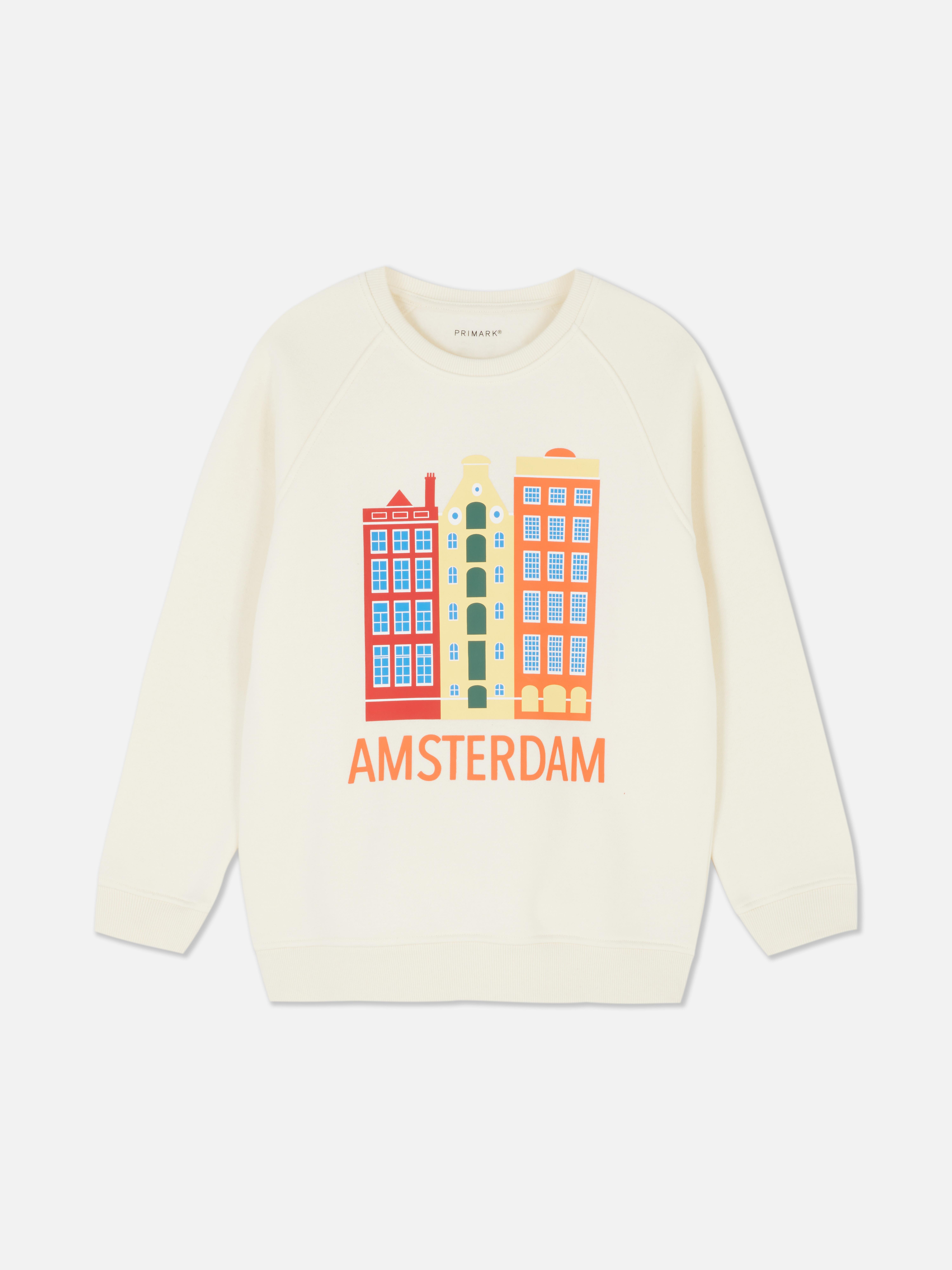 Sweatshirt für Kinder mit Amsterdam-Motiv. Ein Sweatshirt mit Rundhalsausschnitt, gerippten Bündchen und einem Aufdruck von Amsterdam auf der Vorderseite.