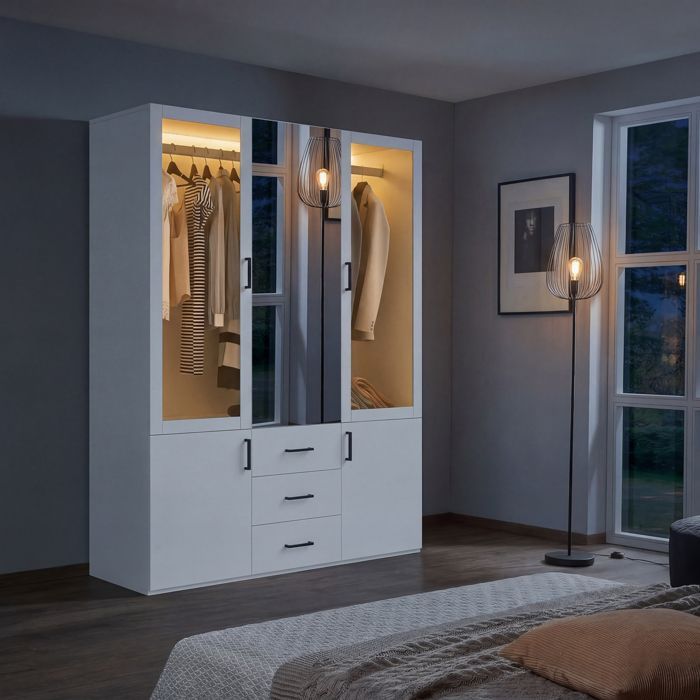 4-Door Wardrobe with LED Lighting and Mirror, Bedroom Closet with Glass Doors, Storage Wardrobe with Hanging Rail and 3 Drawers, White