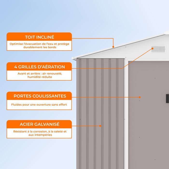 7,06 m² Metalen tuinschuur - 277 x 255 x 202 cm - MERCURE - Inclusief verankeringsset, 2 schuifdeuren - Taupe