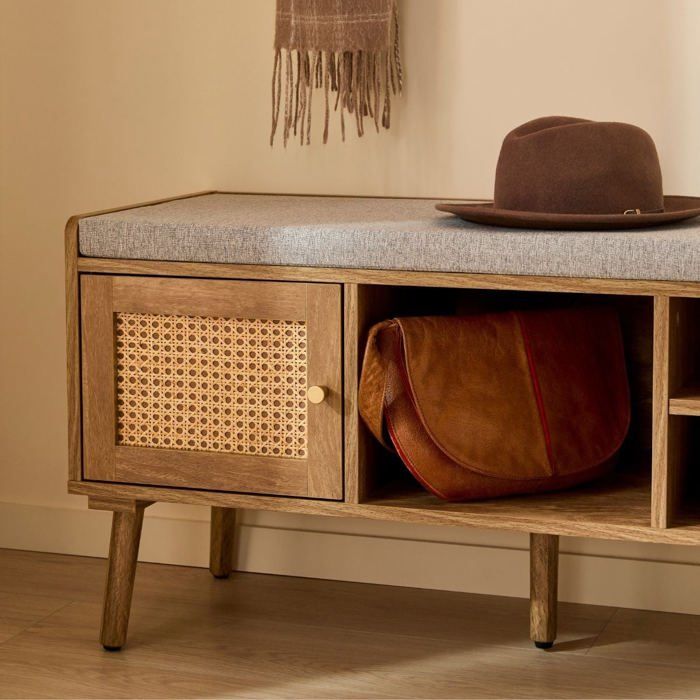 CALICOSY - Shoe bench with 1 door and rattan front, 100 cm wide, PALMO - Light wood
