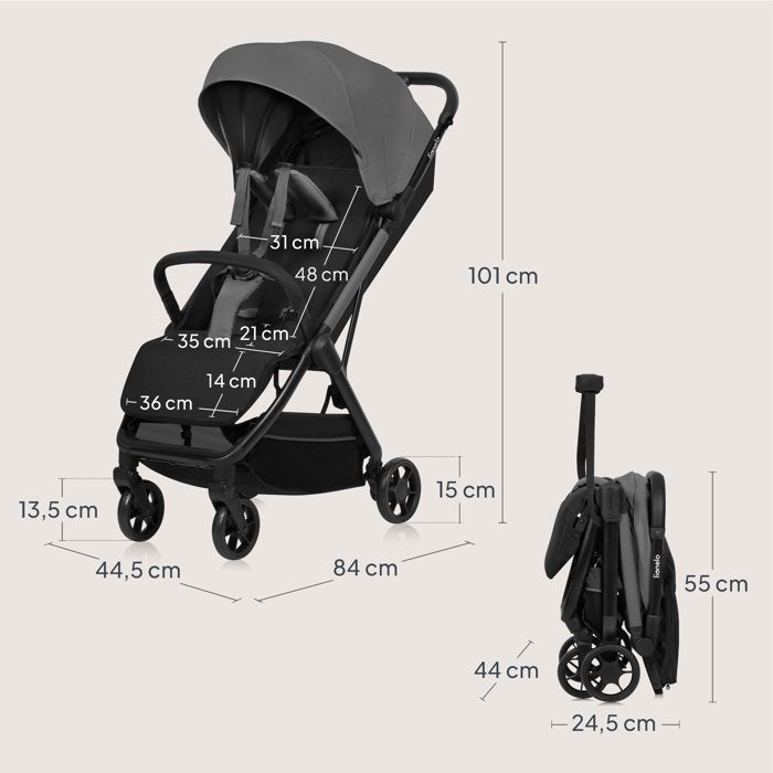 Poussette ultra-compacte LIONELO Julie Air - Pliage automatique - Compatible avion - Jusqu'à 22kg - Canopy UPF 50 - Gris