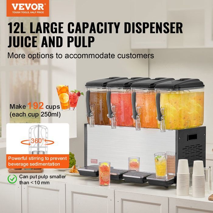 Dispensador de bebidas comercial - VEVOR - 510W - Dispensador de zumos con 4 depósitos de 12L - Restaurante, bar