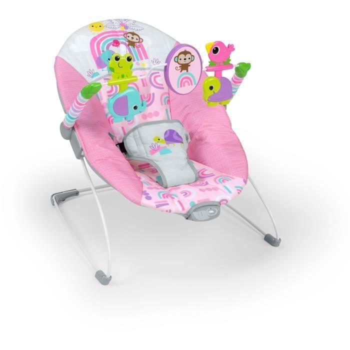 BRIGHT STARTS Baby Bouncer with Animals - Pink, Soothing Vibrations, Activity Arch with Interactive Toys
