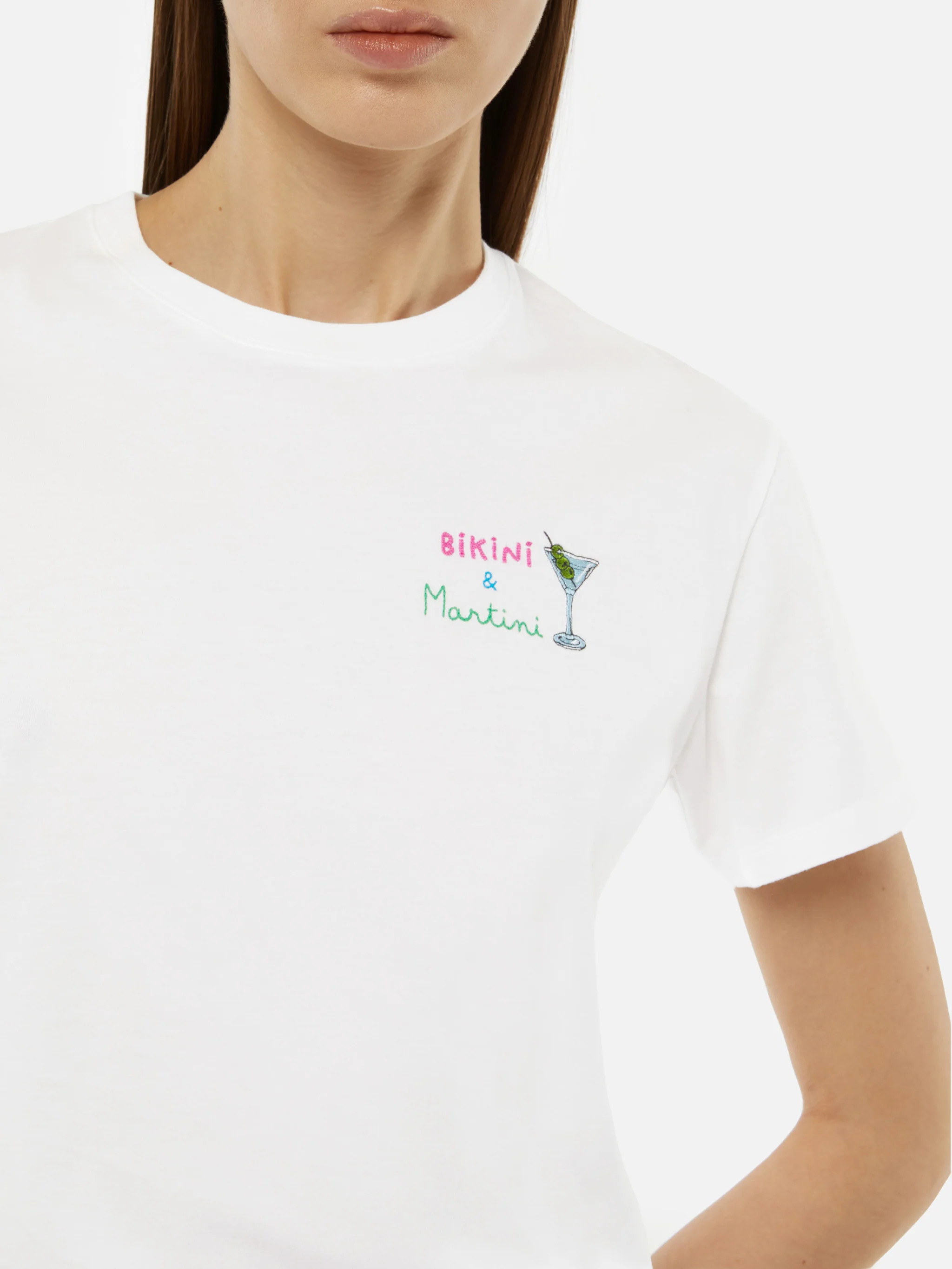 Emilie katoenen T-shirt met bikini- en martini-borduurwerk