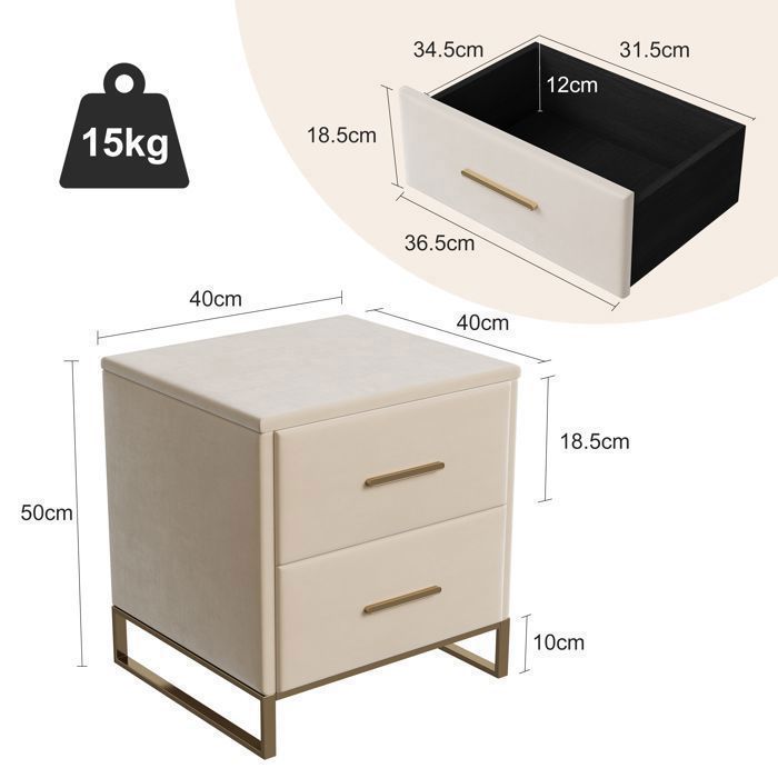 Juego de 2 mesitas de noche LUMINARIX, mesita de noche con 2 cajones, tiradores y patas de metal dorado, 40 × 40 × 50 cm, terciopelo beige.