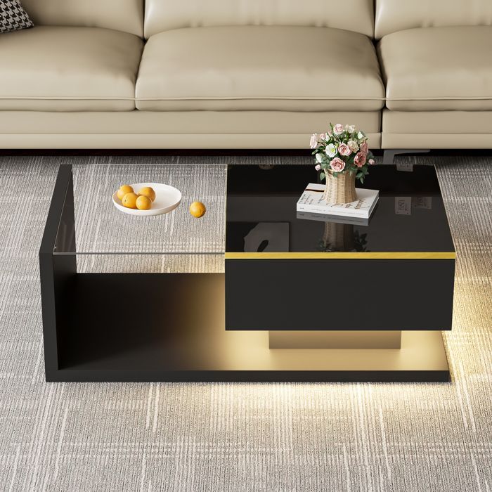 Mesa de centro - TANANT - Moderna - Negro brillante - Iluminación LED - Cristal templado