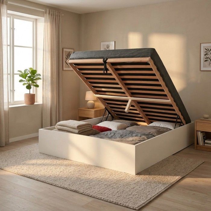 Cama con almacenamiento BILBAO de 160x200 cm + somier de láminas / blanca