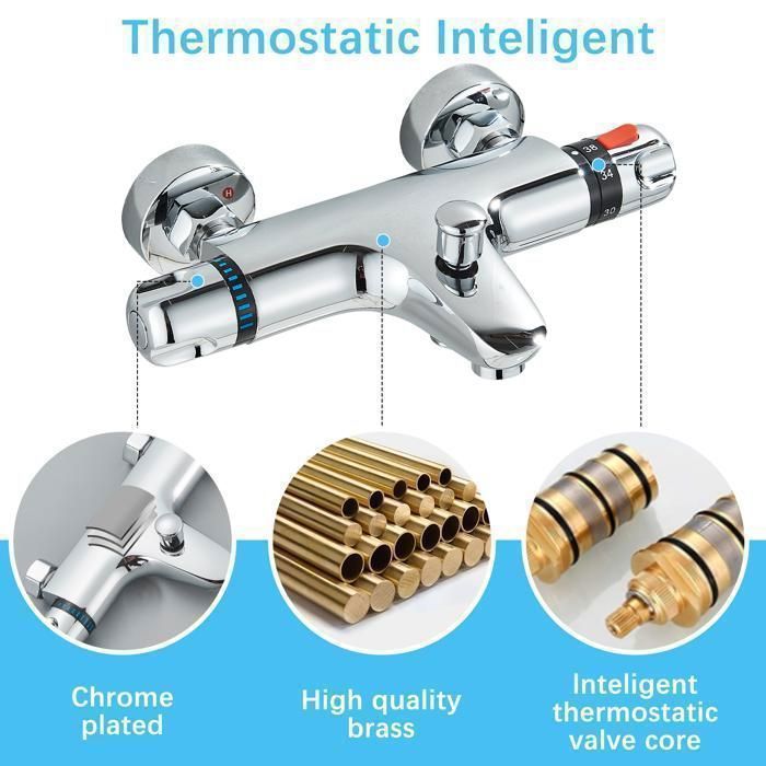 Torneira misturadora termostática para banheira e chuveiro com controle de temperatura, acabamento em latão cromado.