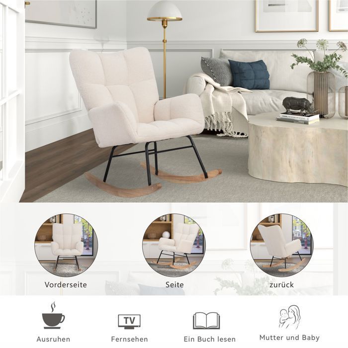 Fauteuil à Bascule,Rocking Chair,Chaise à Bascule avec Polaire Sherpa,Fauteuil Allaitement,avec Pieds en Bois Massif, Blanc