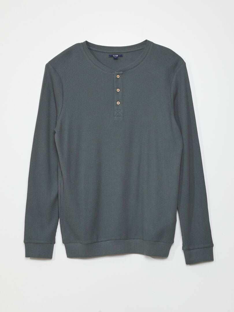 Lange tweedelige pyjama van gebreide stof met reliëf - KHAKI