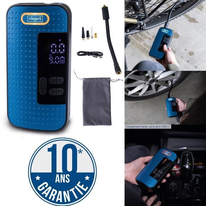 Johdoton kannettava sähköinen ilmakompressori/täyttölaite, 10,3 bar (150 psi), sopii polkupyörille, autoille, moottoripyörille ja urheiluvälineille - AC10/8V - SCHEPPACH