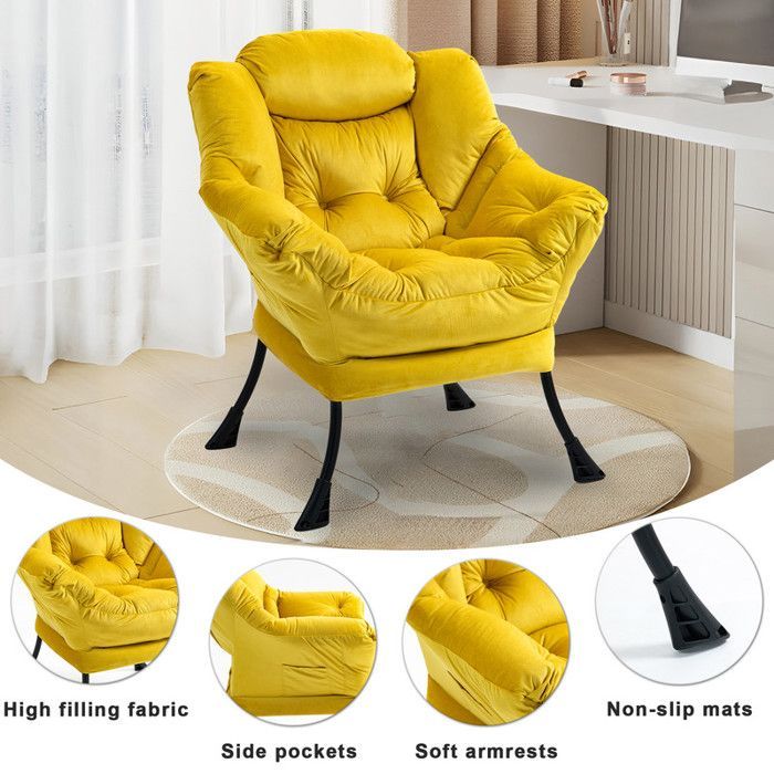 Fauteuil relax 75 x 80 x 85 cm, fauteuil à bascule en métal avec poches latérales, fauteuil d'allaitement minimaliste, jaune