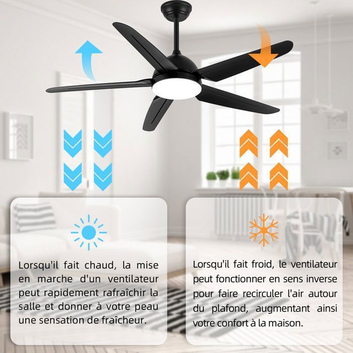 Ventilador de teto reversível de 52 polegadas com luz, motor DC e controle remoto, preto, 5 pás, para sala de estar ou quarto.