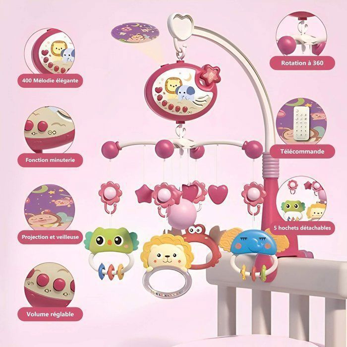 Móbile musical para berço, com luzes e projetor com controle remoto, presente ideal para recém-nascidos, rosa.