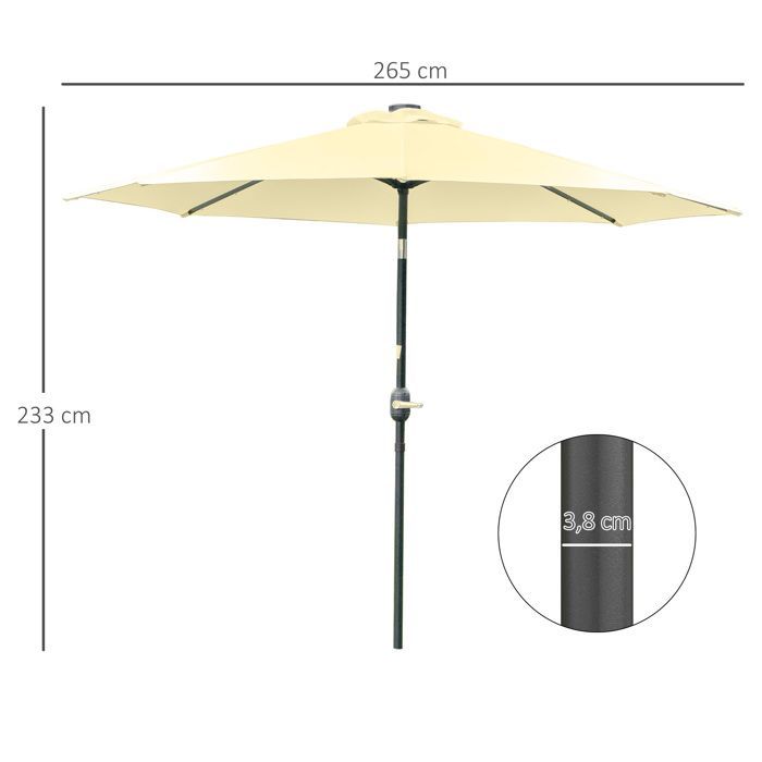 Parasol de jardin extérieur - Outsunny - rond, lumières led solaires, manivelle inclinable, 8 baleines - Ø 265 x 233 cm - beige