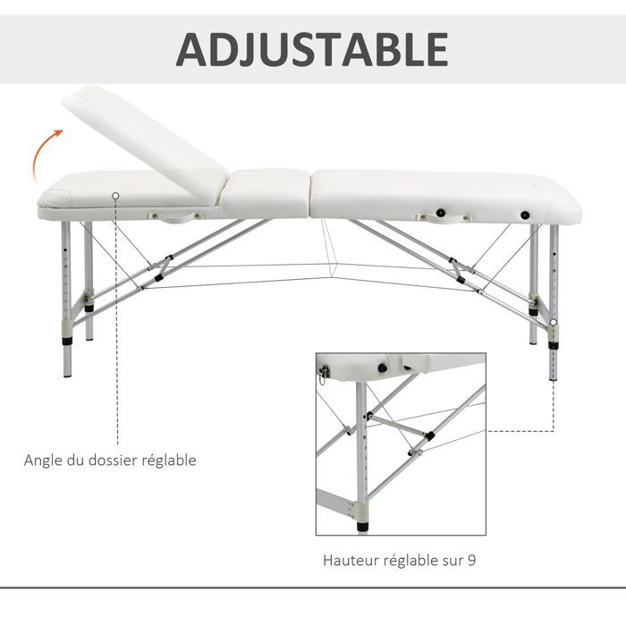 Camilla de masaje - HOMCOM - camilla cosmética plegable, cama portátil, capacidad de carga de 225 kg, ajustable - aluminio - blanco