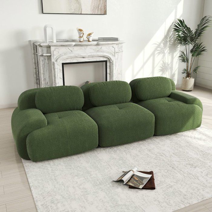 Canapé 3 places - LANGTU - Canapé d'angle modulable - Velours côtelé vert - Antidérapant - Accoudoirs ergonomiques