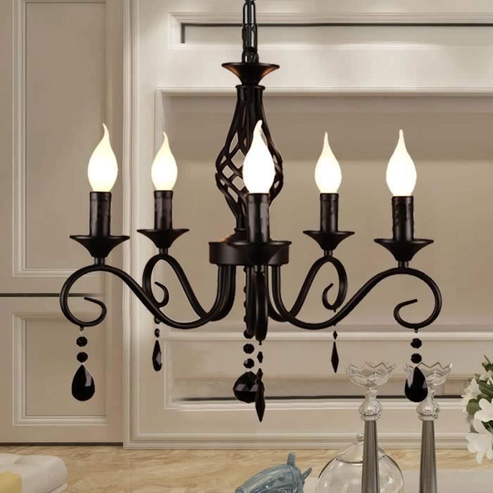 Ganeed Kronleuchter, Vintage-Industrie-Kronleuchter im französischen Landhausstil mit schwarzem Kristall, 5-flammig, für Esszimmer, E14-Fassung