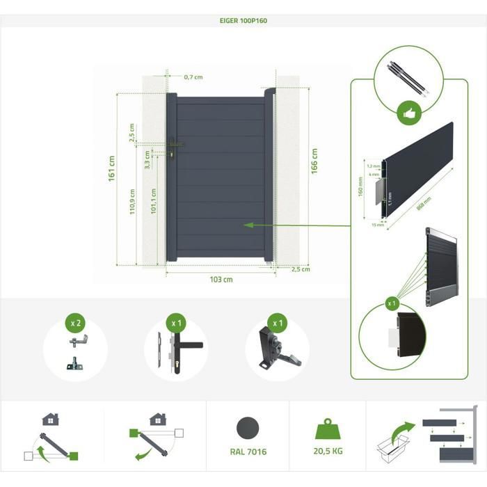 Conjunto de puerta corredera y puerta peatonal - Casanoov - EIGER - 3,5 m de altura (163 cm) / Puerta peatonal de 1 m de altura (163 cm) - Gris antracita - Aluminio
