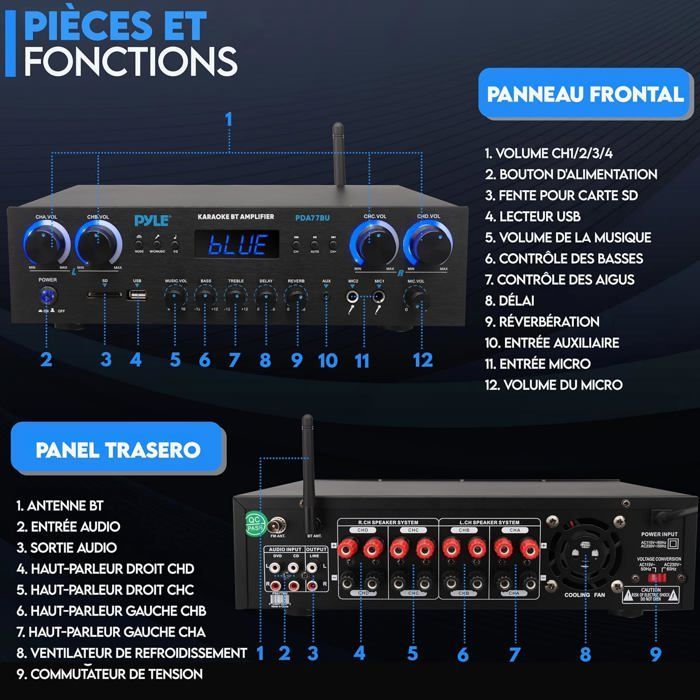Pyle 800W 4-Kanal Bluetooth-Verstärker – MP3, USB, SD, AUX, RCA, FM, 2 Mikrofone