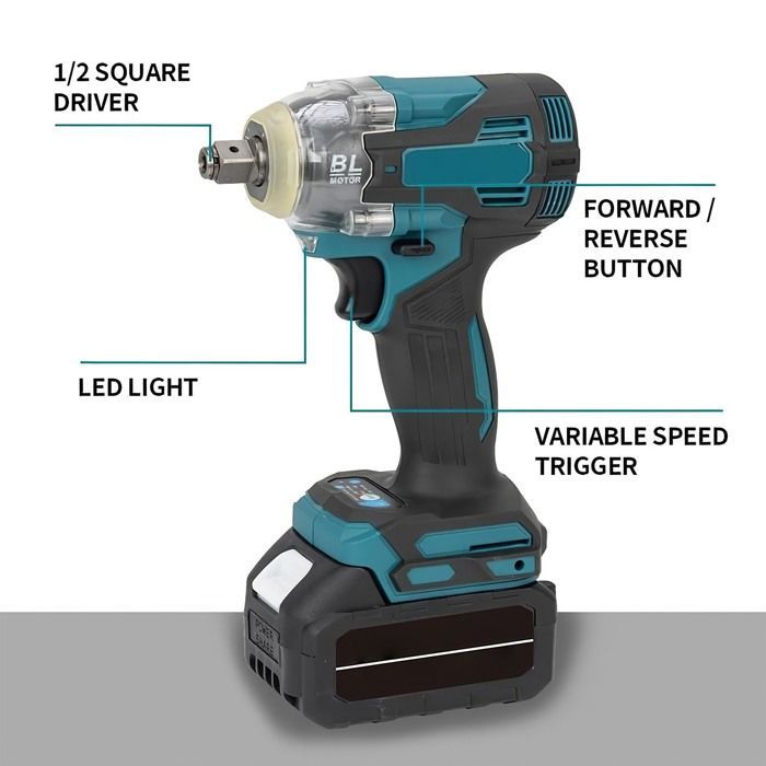 Llave de impacto inalámbrica sin escobillas de 1200 Nm - 1/2 pulgada - Luz de trabajo LED - Incluye 2 baterías y un cargador