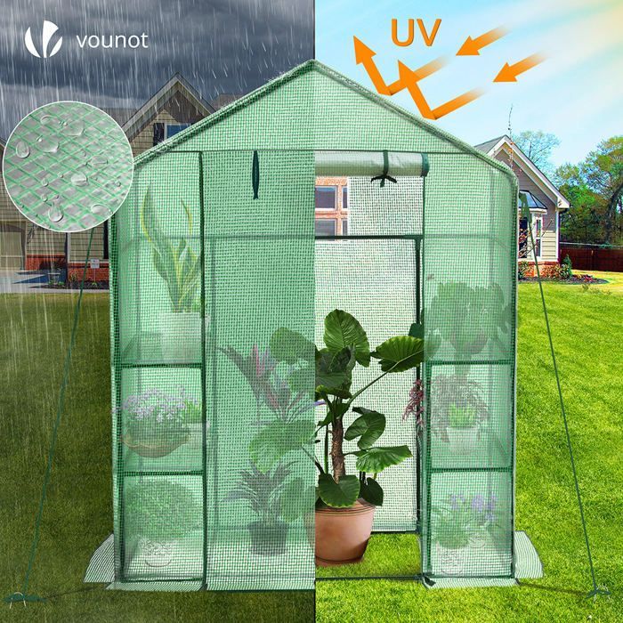 VOUNOT® Serre de jardin avec étagères 143x73x195cm vert - bâche renforcée 135g/m² - fenêtre moustiquaire - porte enroulable zippée