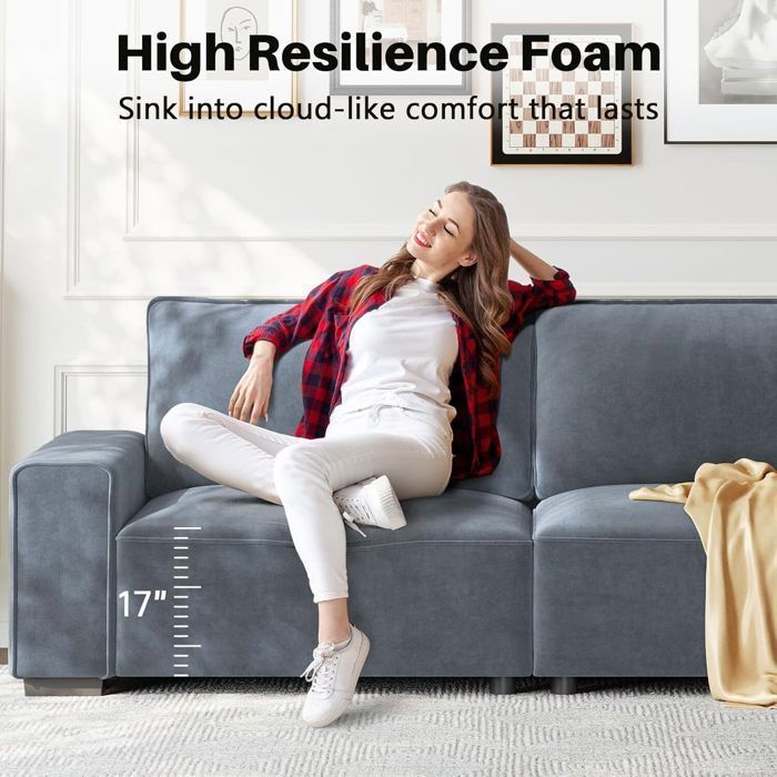 Comfortable 3-seater sofa in grey chenille, sofa with wide armrests, thick spring cushions for living room, 220×82×84cm
