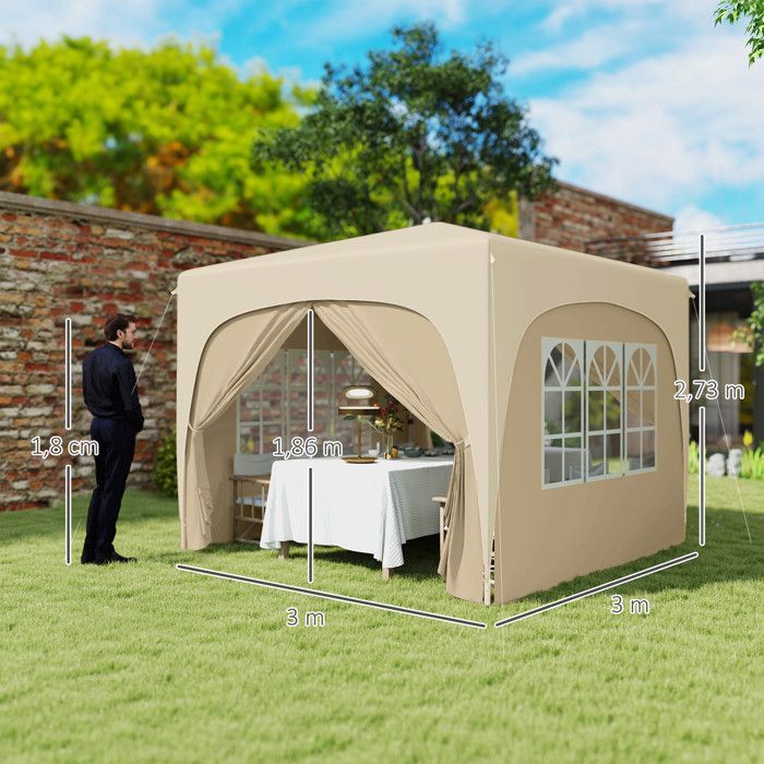 Outsunny Pavillon/Partyzelt – Faltbar – 3 x 3 x 2,73 m – Tragetasche – Sand